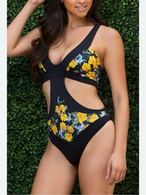 Yandy Black One-Piece Swimsuit with Yellow Floral Cutouts /Colombian